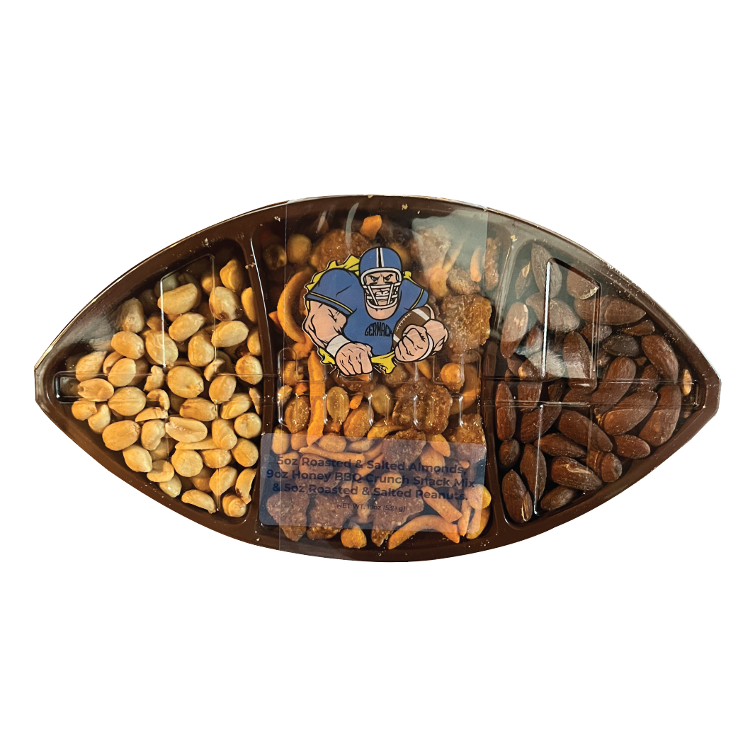 Picture Football Tray (5oz Peanuts RS, 9oz Honey Bbq crunch, 5oz Almonds RS) 6/cs