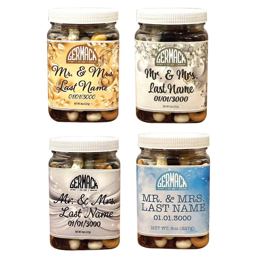 Picture Wedding Snack Mix - 8oz - (Customize Your Label) - Yogurt Pretzels, Yogurt Raisins, Dried Cranberries, Cashews & Peanuts