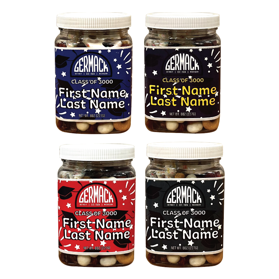 Picture Graduation Mix - 8oz - (Customize Your Label) - Yogurt Pretzels, Yogurt Raisins, Dried Cranberries, Cashews & Peanuts