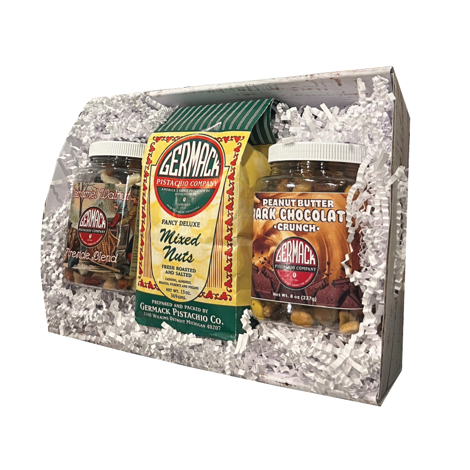 Picture Germack Holiday Gift Tray (Caramel Walnut Fireside, Mixed Nuts With Brazils and Peanut Butter Chocolate Crunch) - 29oz